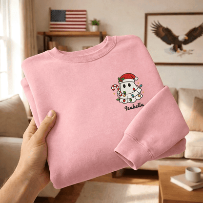 Personalized Cute Christmas Ghost Embroidered Sweatshirt, Custom Name Spooky Holiday Crewneck, Funny Christmas Ghost Sweatshirt Gift