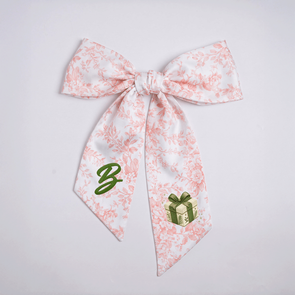 Custom Letter Green Bow Christmas Gift Box Embroidered Linen Wreath Sash, Personalized Monogram Holiday Bow Sash for Door Decor