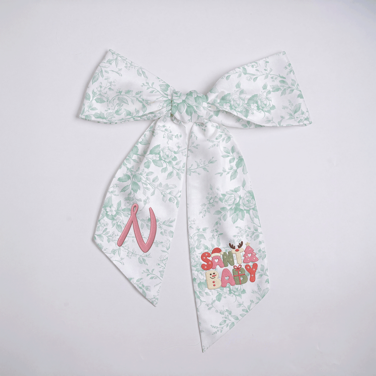 Custom Monogram Santa Baby Embroidered Linen Door Wreath Sash, Personalized Initial Retro Typography Reindeer Pink Tree Holiday Wreath Sash & Front Door Decor