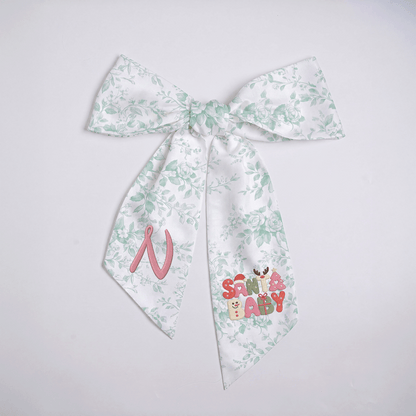 Custom Monogram Santa Baby Embroidered Linen Door Wreath Sash, Personalized Initial Retro Typography Reindeer Pink Tree Holiday Wreath Sash & Front Door Decor
