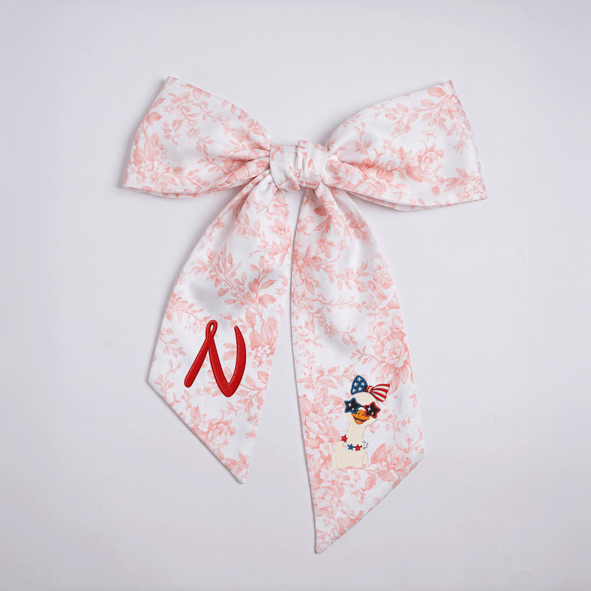 Custom Monogram Patriotic Goose Embroidered Linen Door Wreath Sash, Personalized Initial Bow Goose Gingham Holiday Wreath Sash & Front Door Decor