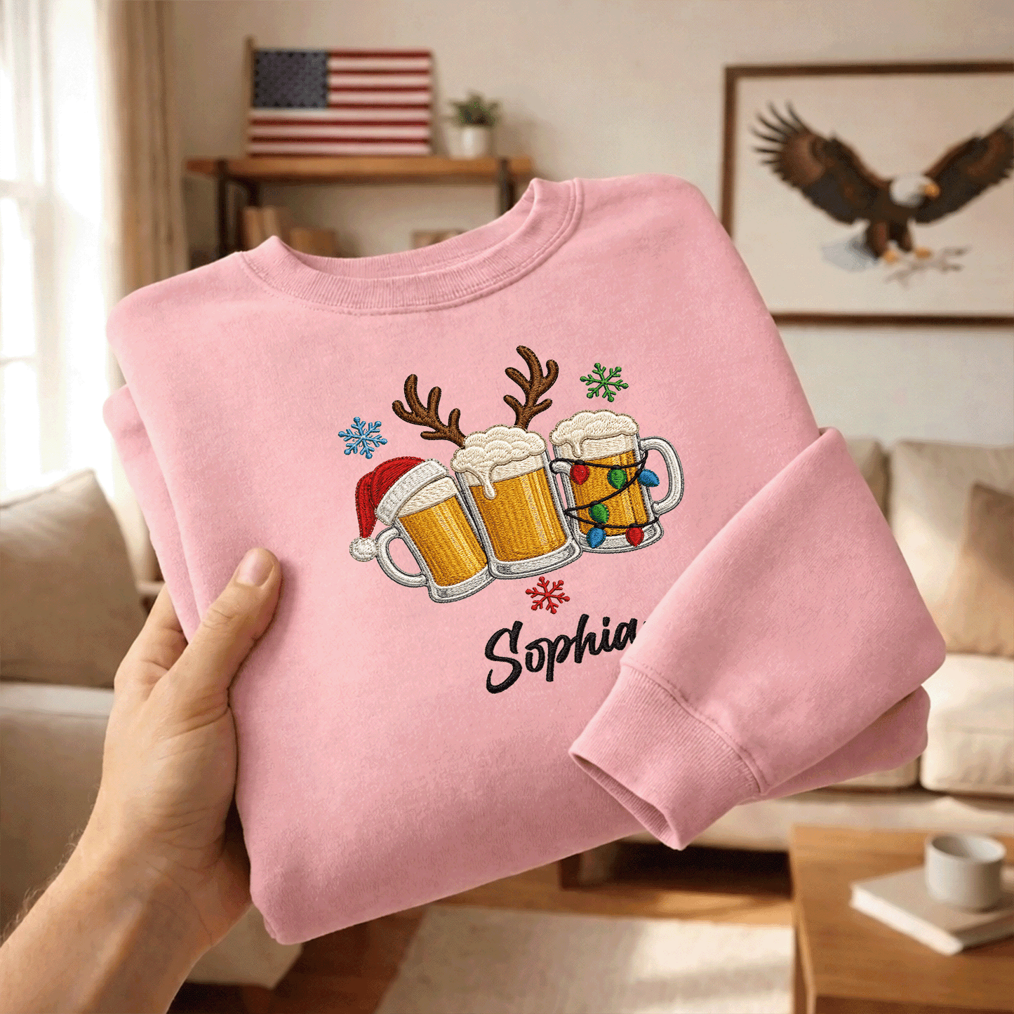 Personalized Embroidered Christmas Beer Mugs Sweatshirt with Custom Name