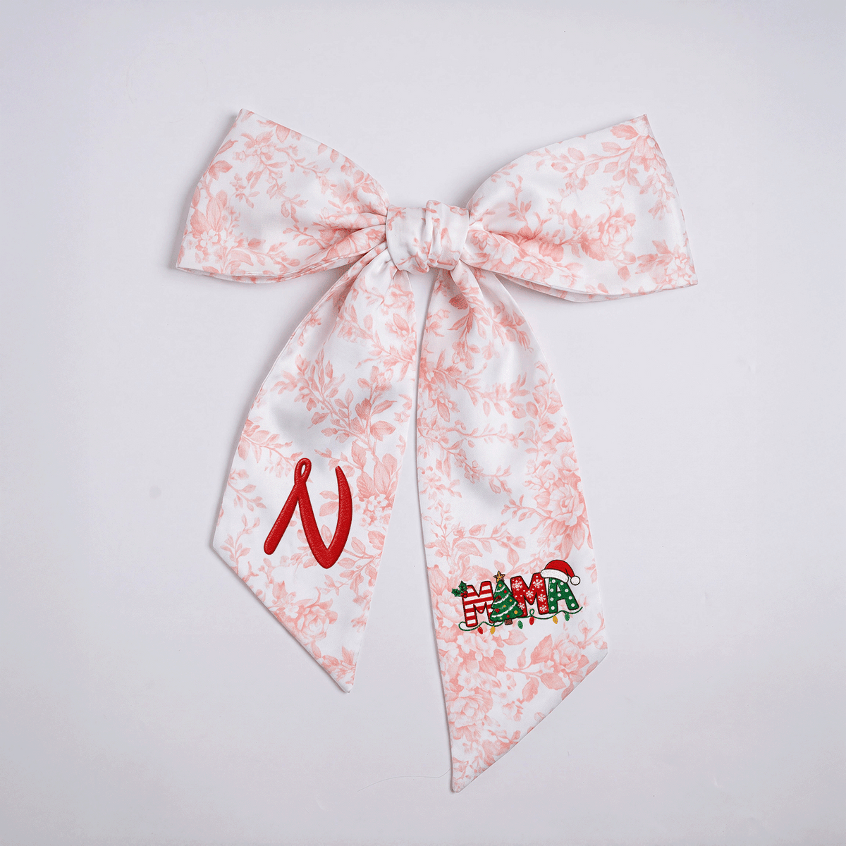 Custom Monogram Mama Embroidered Linen Door Wreath Sash, Personalized Initial Christmas Tree Lights Santa Hat Typography Holiday Wreath Sash & Front Door Decor