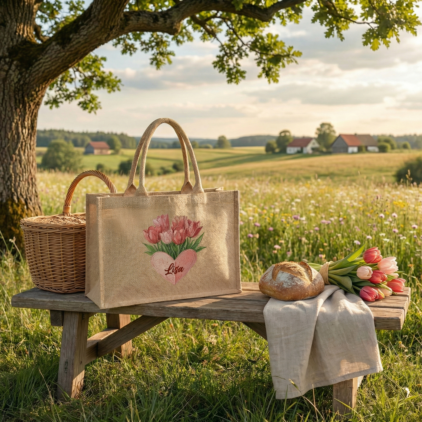 Personalized Wildflower Field Linen Handbag – Love & Togetherness Gift