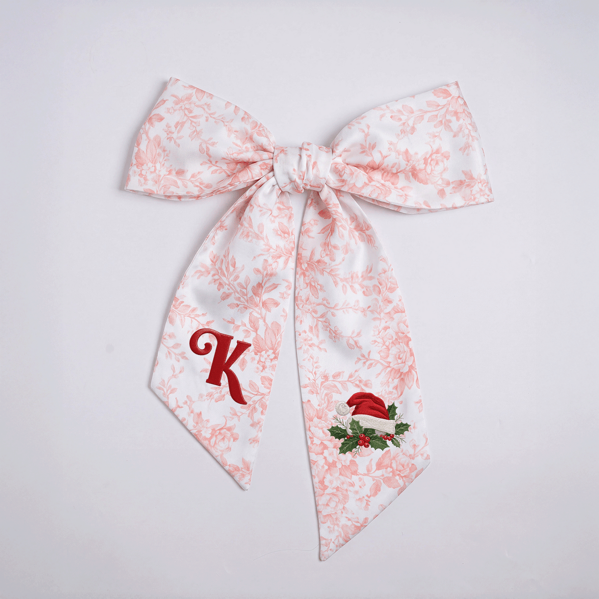 Custom Letter Christmas Santa Hat Embroidered Linen Wreath Sash, Personalized Sage Floral Monogram Bow for Front Door Decor