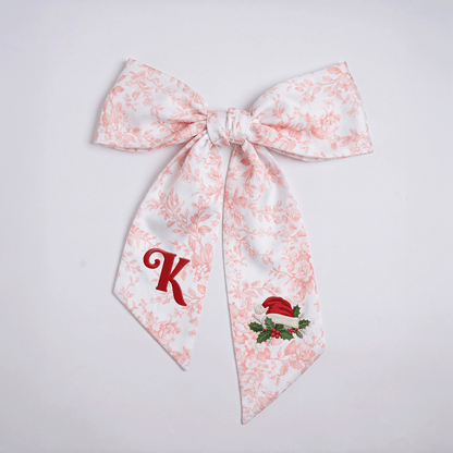 Custom Letter Christmas Santa Hat Embroidered Linen Wreath Sash, Personalized Sage Floral Monogram Bow for Front Door Decor