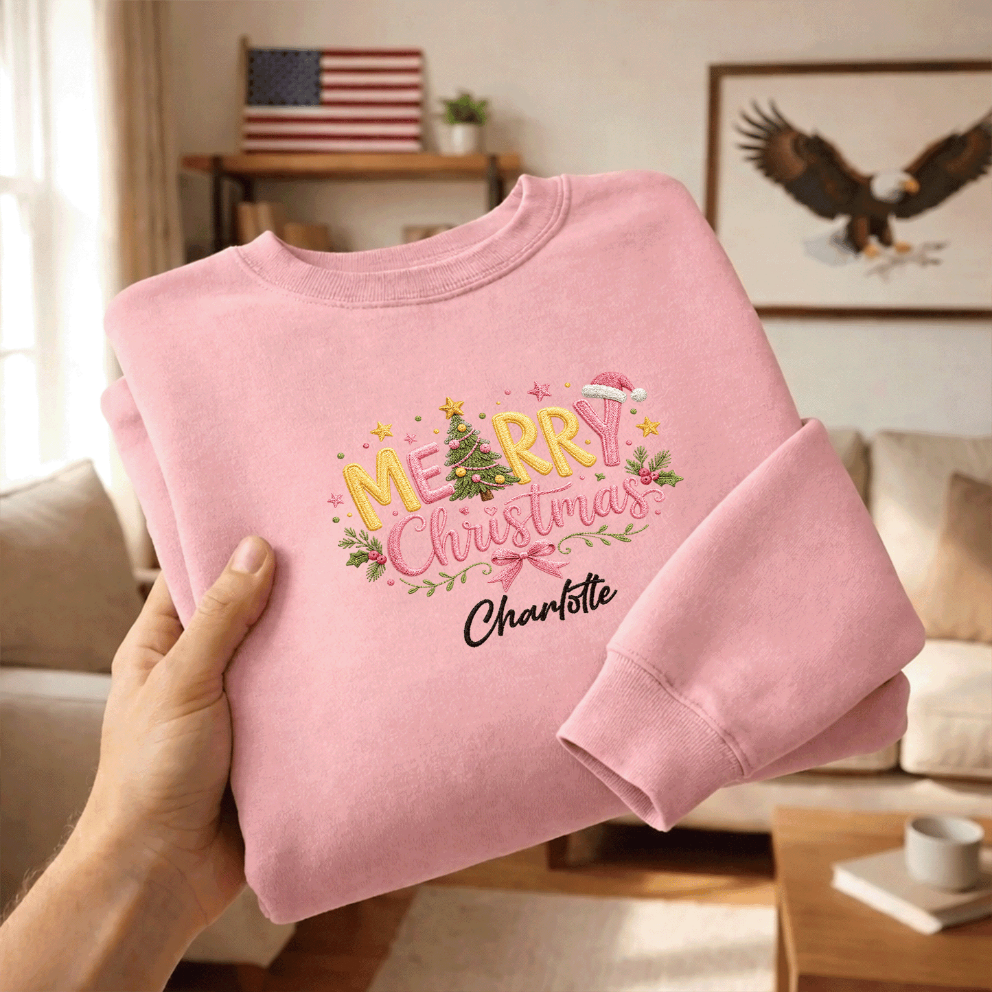 Personalized Embroidered Merry Christmas Typography Sweatshirt with Custom Name