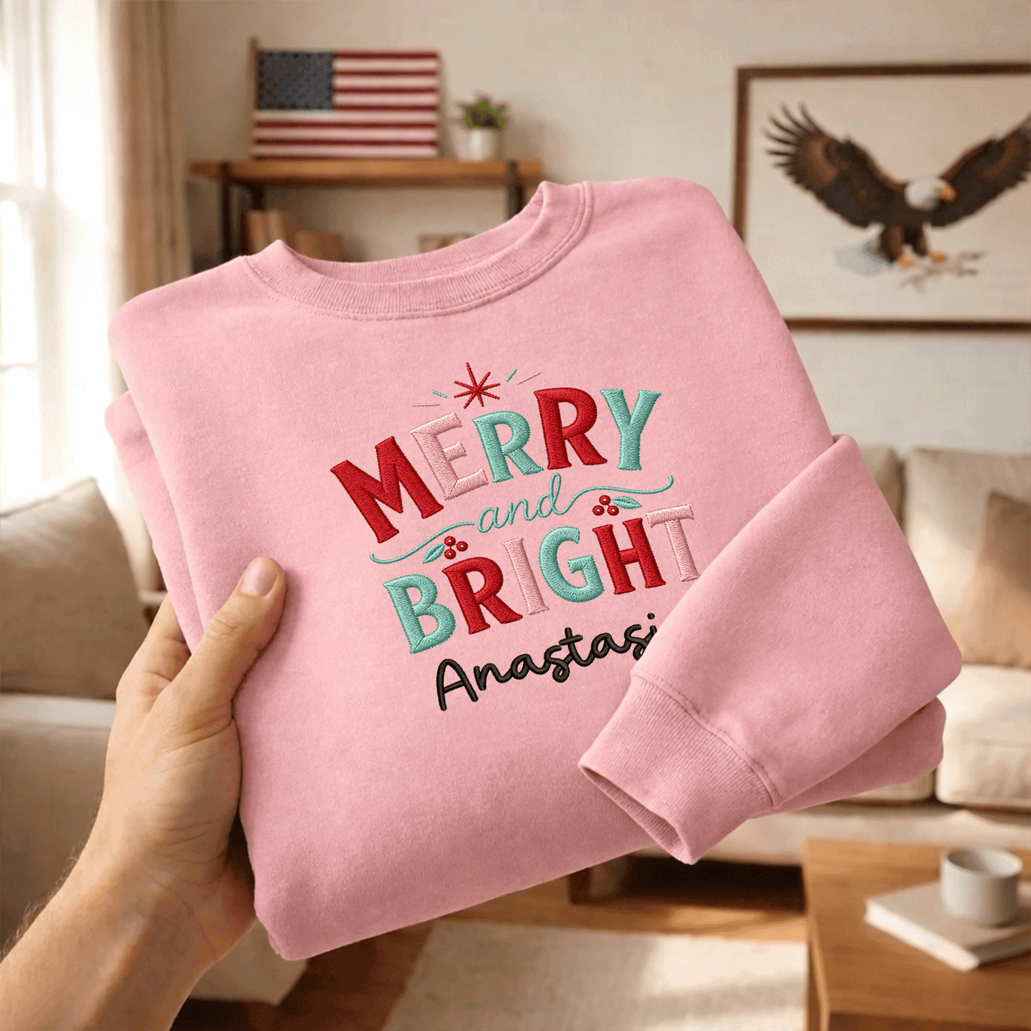 Personalized Embroidered Stay Merry & Shine Bright Sweatshirt with Custom Name