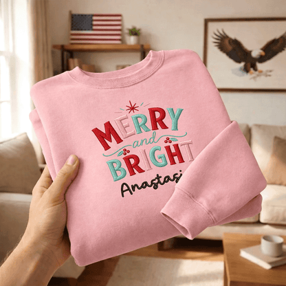 Personalized Embroidered Stay Merry & Shine Bright Sweatshirt with Custom Name