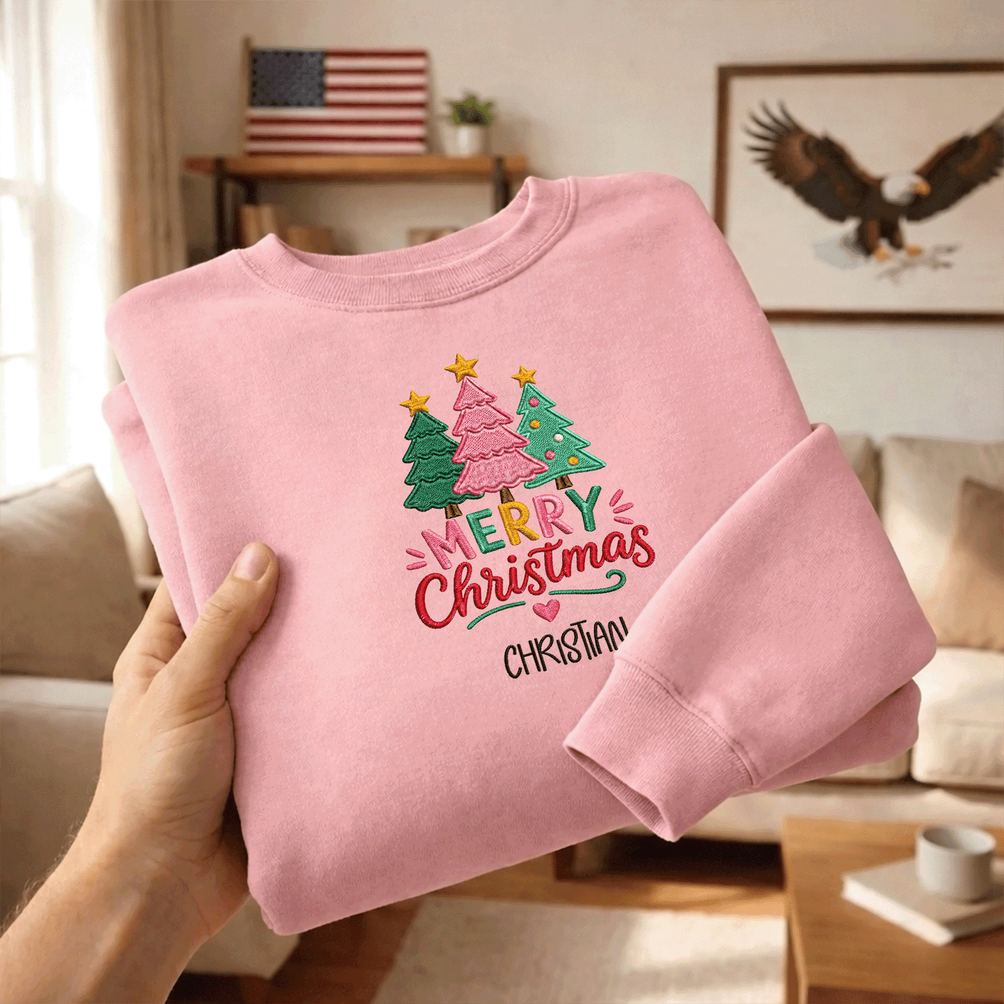 Personalized Embroidered Merry Christmas Trees Sweatshirt, Custom Name Holiday Pullover