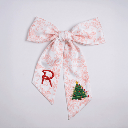 Custom Monogram Pencil Christmas Tree Embroidered Linen Door Wreath Sash, Personalized Initial Teacher School Pencil Tree Lights Holiday Wreath Sash & Front Door Decor