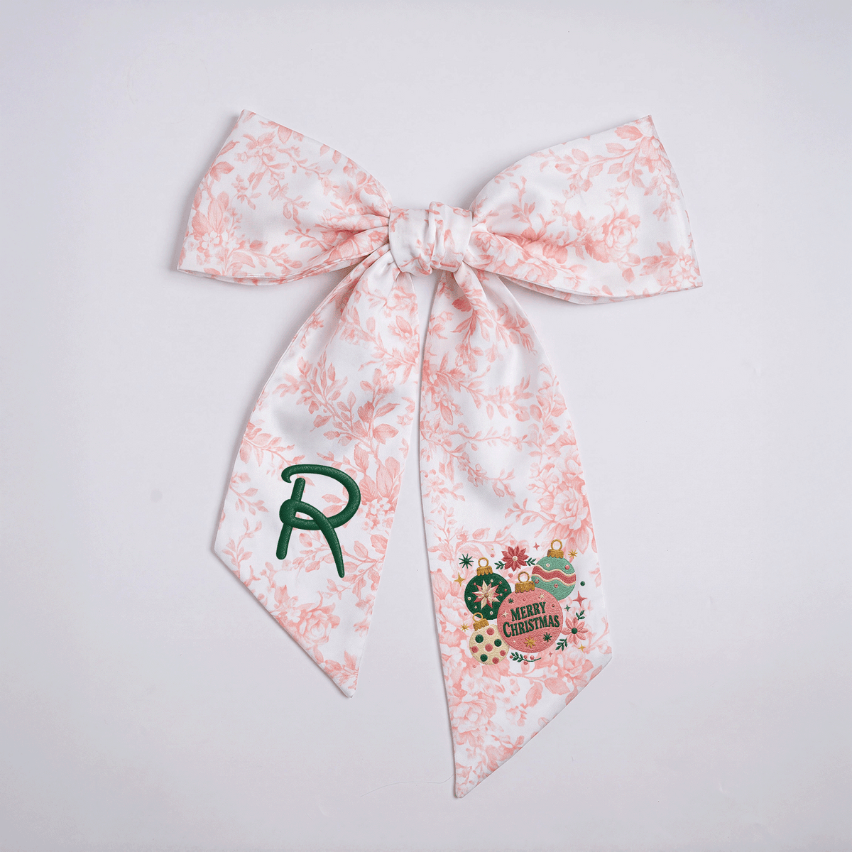 Custom Monogram Merry Christmas Ornaments Embroidered Linen Door Wreath Sash, Personalized Initial Festive Baubles Floral Holiday Wreath Sash & Front Door Decor