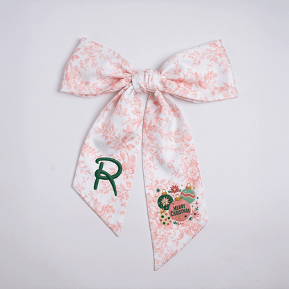 Custom Monogram Merry Christmas Ornaments Embroidered Linen Door Wreath Sash, Personalized Initial Festive Baubles Floral Holiday Wreath Sash & Front Door Decor