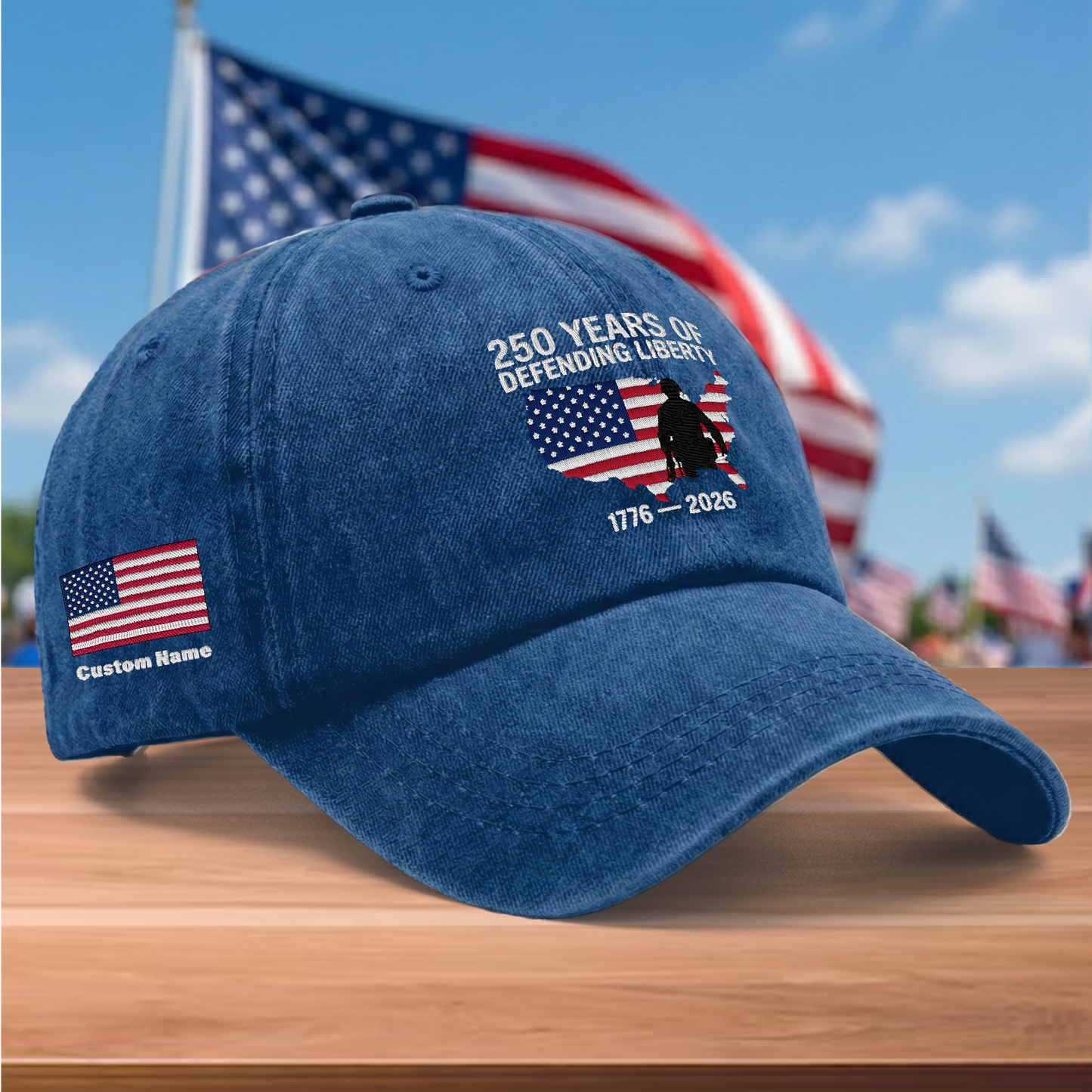 250 Years of Defending Liberty 1776-2026 Embroidered Washed Denim Baseball Cap – Custom Name Patriotic USA Military Anniversary Hat