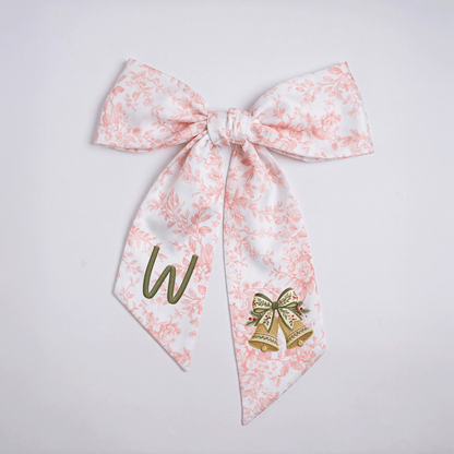 Personalized Monogram Golden Christmas Bells Embroidered Linen Door Wreath Sash, Custom Initial Holiday Wreath Bow Sash Decor, Festive Front Door Home Accessories