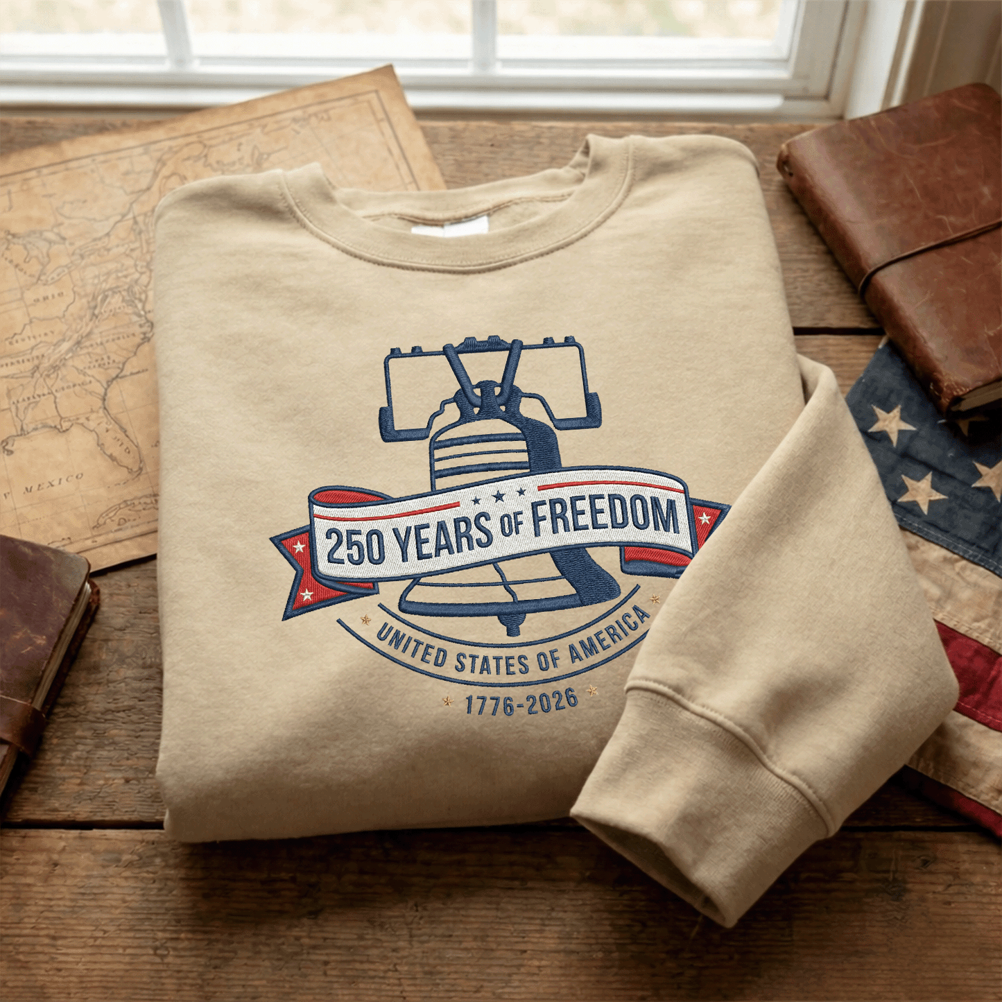 USA 1776-2026 Liberty Bell Patriotic Embroidered Sweatshirt 250th Anniversary Shirt