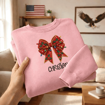 Personalized Embroidered Christmas Bow Sweatshirt with Custom Name