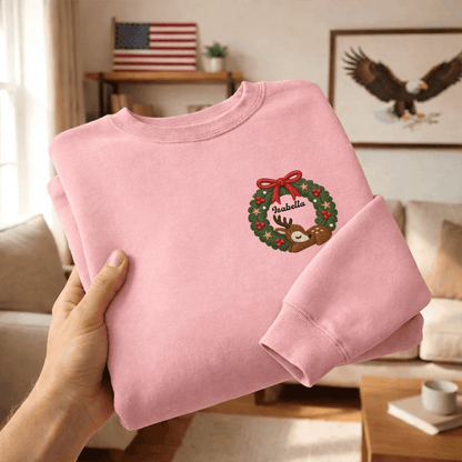 Personalized Deer Christmas Wreath Embroidered Sweatshirt, Custom Name Christmas Crewneck Gift
