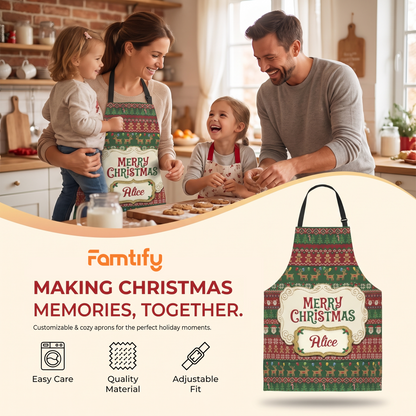 Personalized Merry Christmas Sweater Apron, Custom Name Vintage Holiday Kitchen Cooking Apron