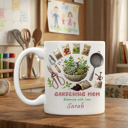 Blooming Garden Love Design – Personalized Gardening Mom Mug – Birthday or Mother’s Day Gift for Mom – Custom Name Plant Lover Mug
