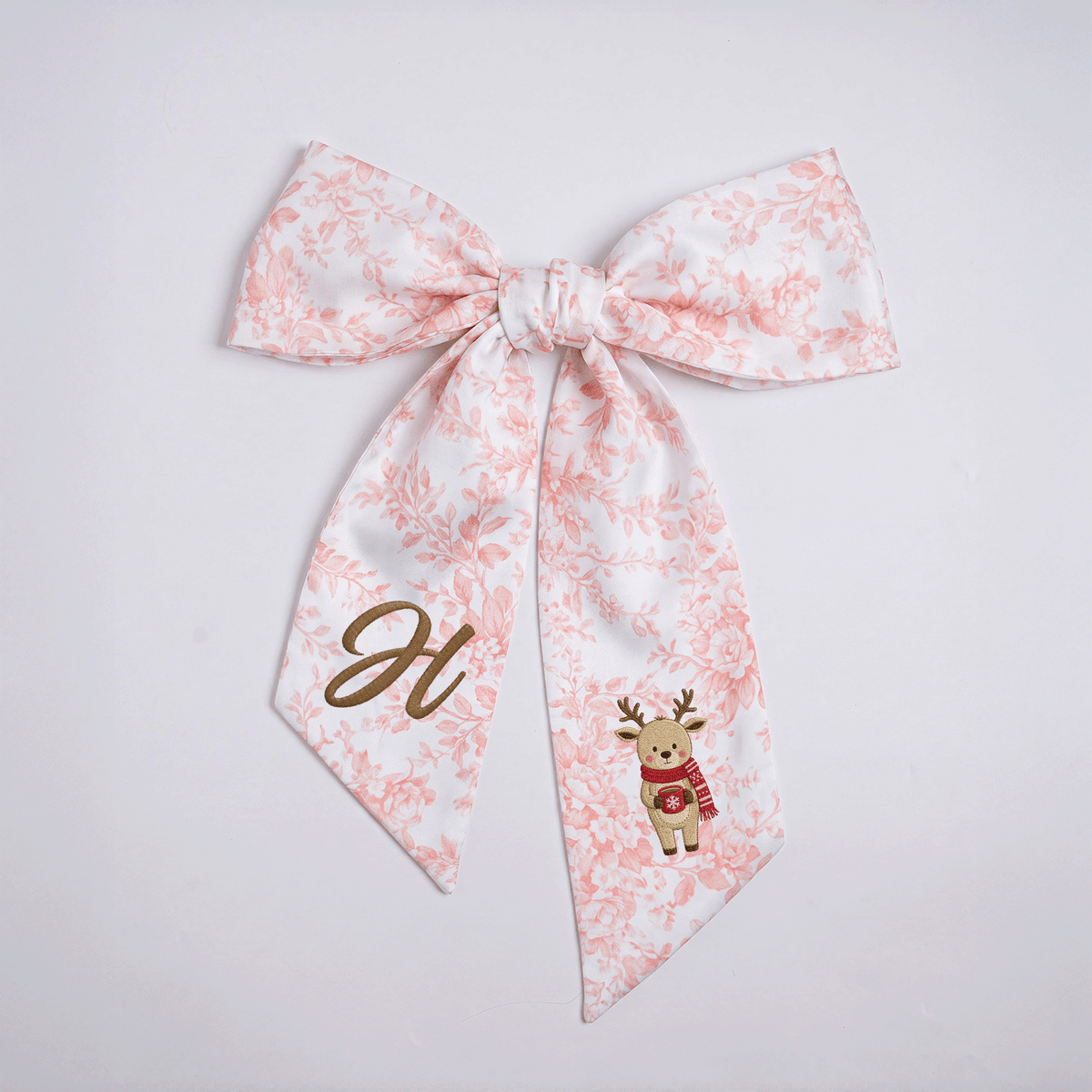Custom Letter Christmas Reindeer Embroidered Linen Wreath Sash, Personalized Monogram Holiday Bow Sash for Door Decor