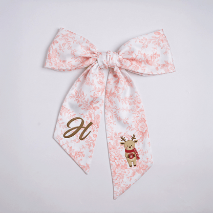 Custom Letter Christmas Reindeer Embroidered Linen Wreath Sash, Personalized Monogram Holiday Bow Sash for Door Decor