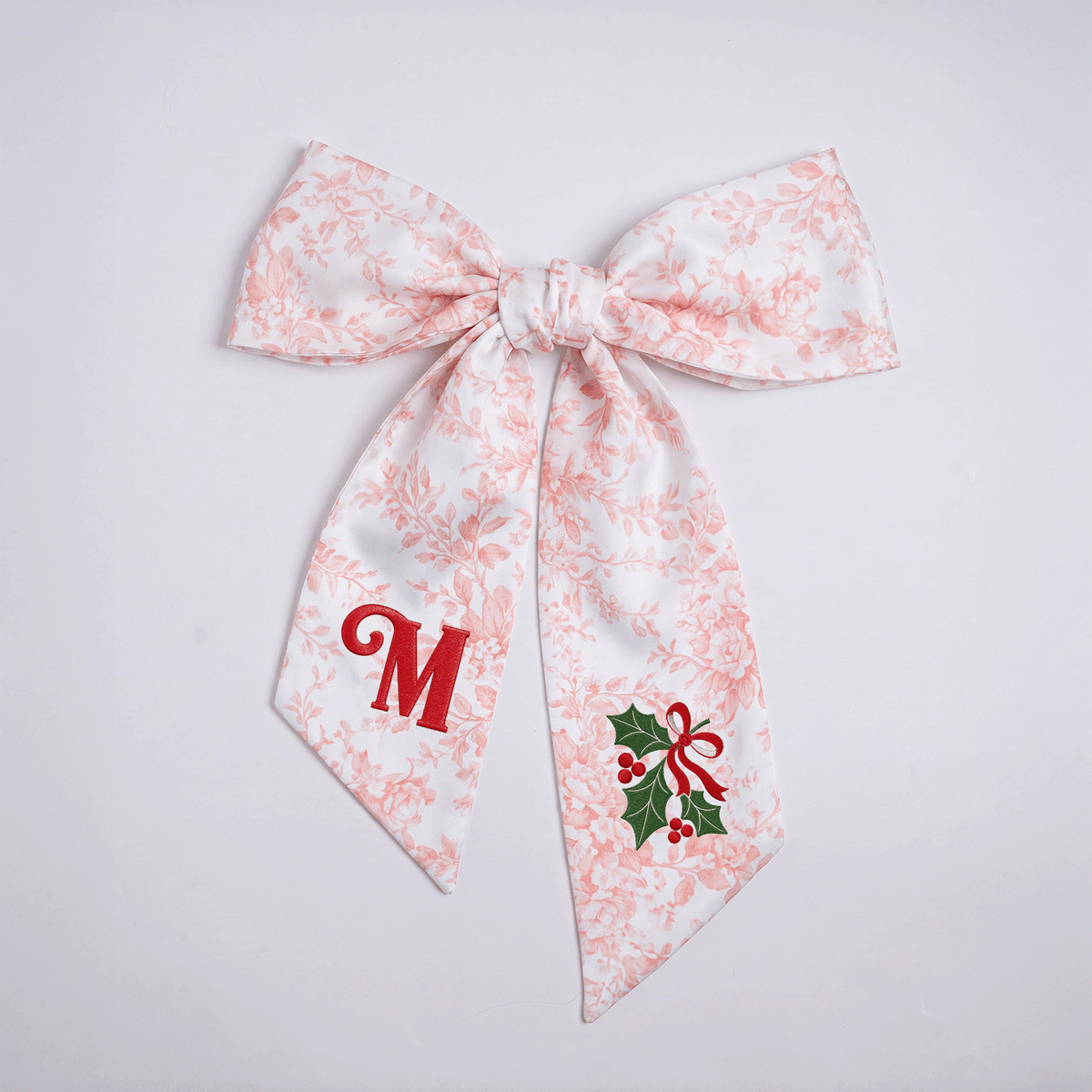 Custom Letter Christmas Holly Berry Embroidered Linen Wreath Sash, Personalized Monogram Holiday Bow Sash for Front Door Decor