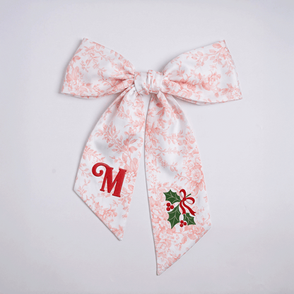 Custom Letter Christmas Holly Berry Embroidered Linen Wreath Sash, Personalized Monogram Holiday Bow Sash for Front Door Decor