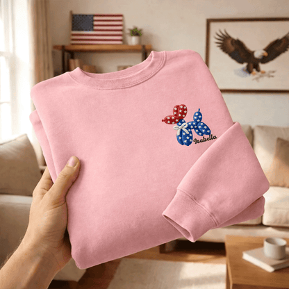 Personalized Patriotic Balloon Dog Embroidered Sweatshirt | Custom Name American Flag Crewneck Gift