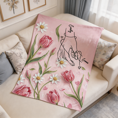 Personalized Mom Blanket with Names – Custom Holding Hands Design Gift for Mother