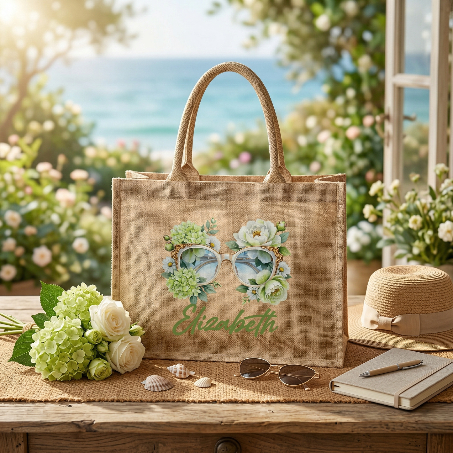 Personalized Sunglass Floral Linen Tote – Custom Name Bag