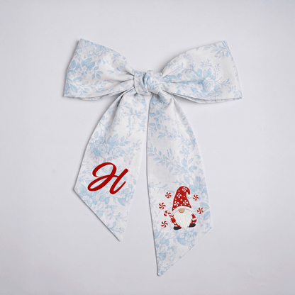 Personalized Monogram Christmas Gnome Embroidered Linen Wreath Sash, Custom Holiday Initial Bow Sash for Door Decor