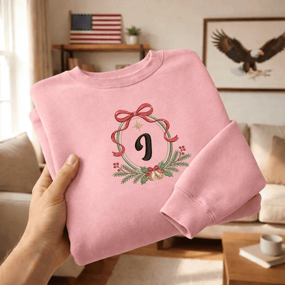 Personalized Embroidered Christmas Monogram Wreath Sweatshirt with Custom Initial