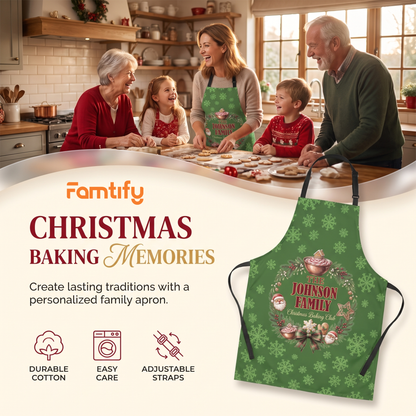 Personalized Christmas Snowflake Apron with Custom Family Name, Green Snowflake Pattern Holiday Baking Apron, Personalized Christmas Kitchen Gift for Family