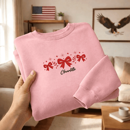 Personalized Embroidered Festive Red Bows Sweatshirt with Custom Name