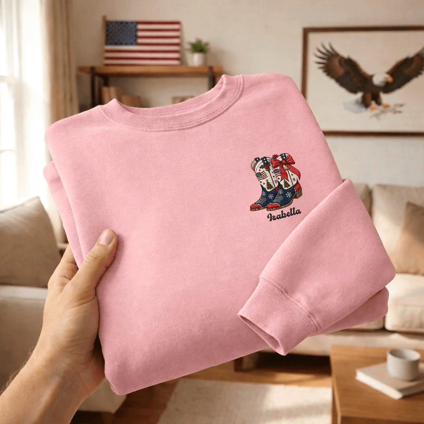 Personalized Patriotic Christmas Cowboy Boots Embroidered Sweatshirt | Custom Name Holiday Crewneck Gift