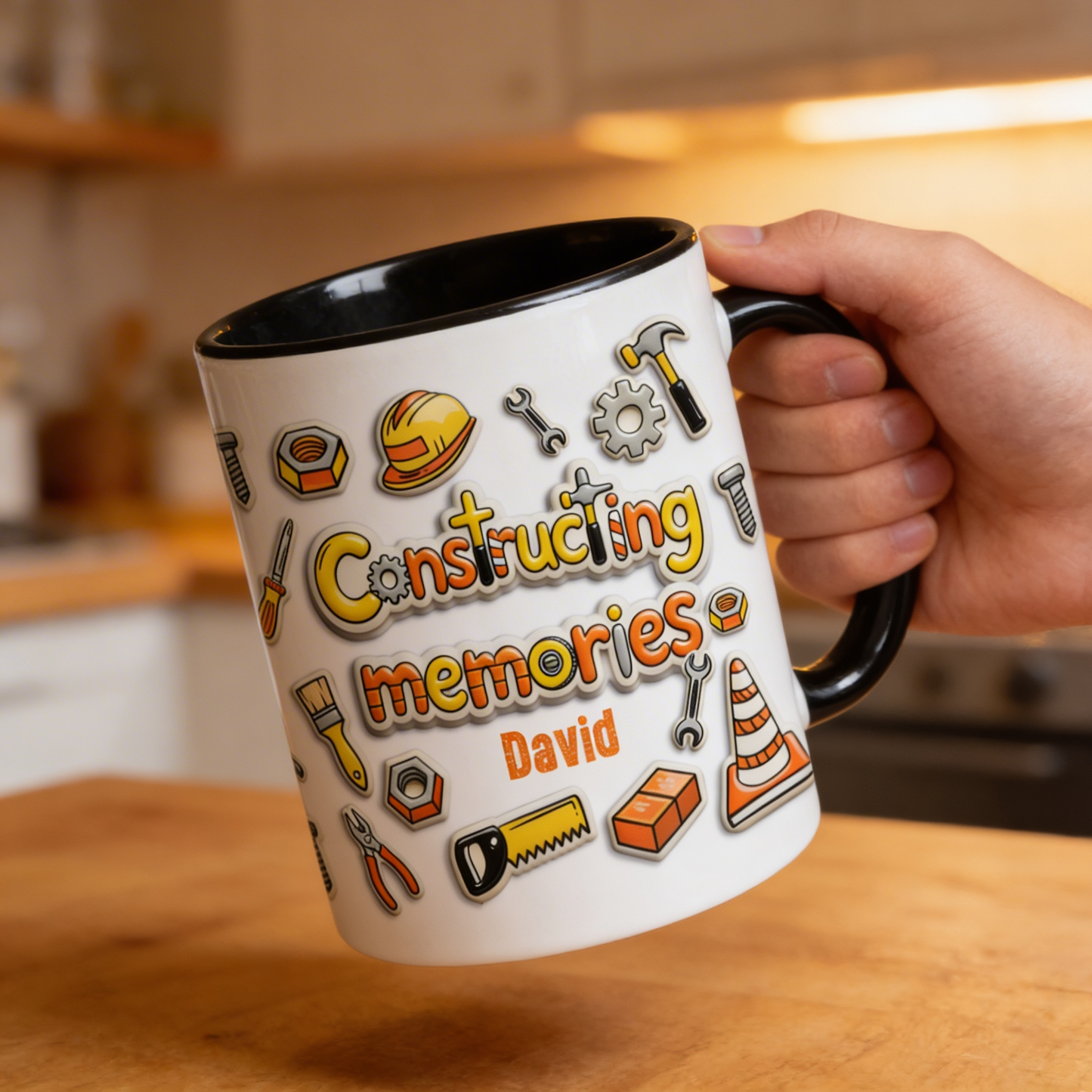 Personalized Dad Construction Mug – “Constructing Memories” Custom Name Coffee Mug