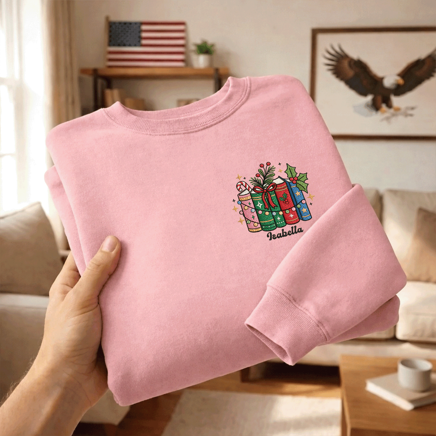 Personalized Christmas Books Sweatshirt with Custom Name | Cozy Holiday Book Lover Crewneck