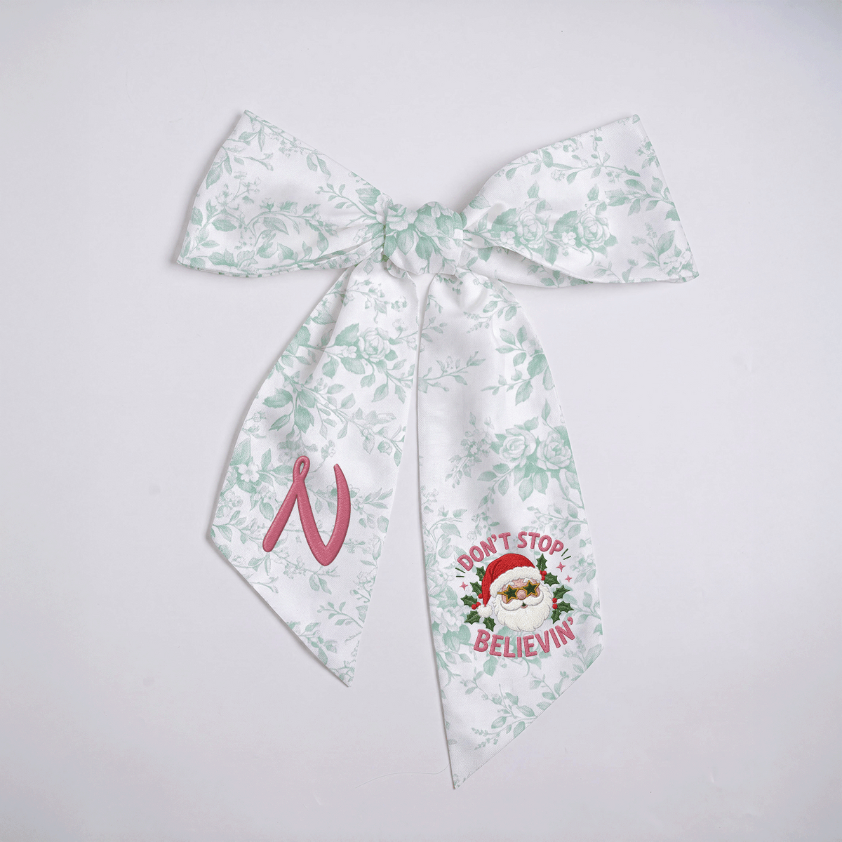 Custom Monogram Don't Stop Believin' Santa Embroidered Linen Door Wreath Sash, Personalized Initial Star Sunglasses Santa Quote Holiday Wreath Sash & Front Door Decor