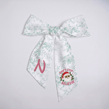 Custom Monogram Don't Stop Believin' Santa Embroidered Linen Door Wreath Sash, Personalized Initial Star Sunglasses Santa Quote Holiday Wreath Sash & Front Door Decor