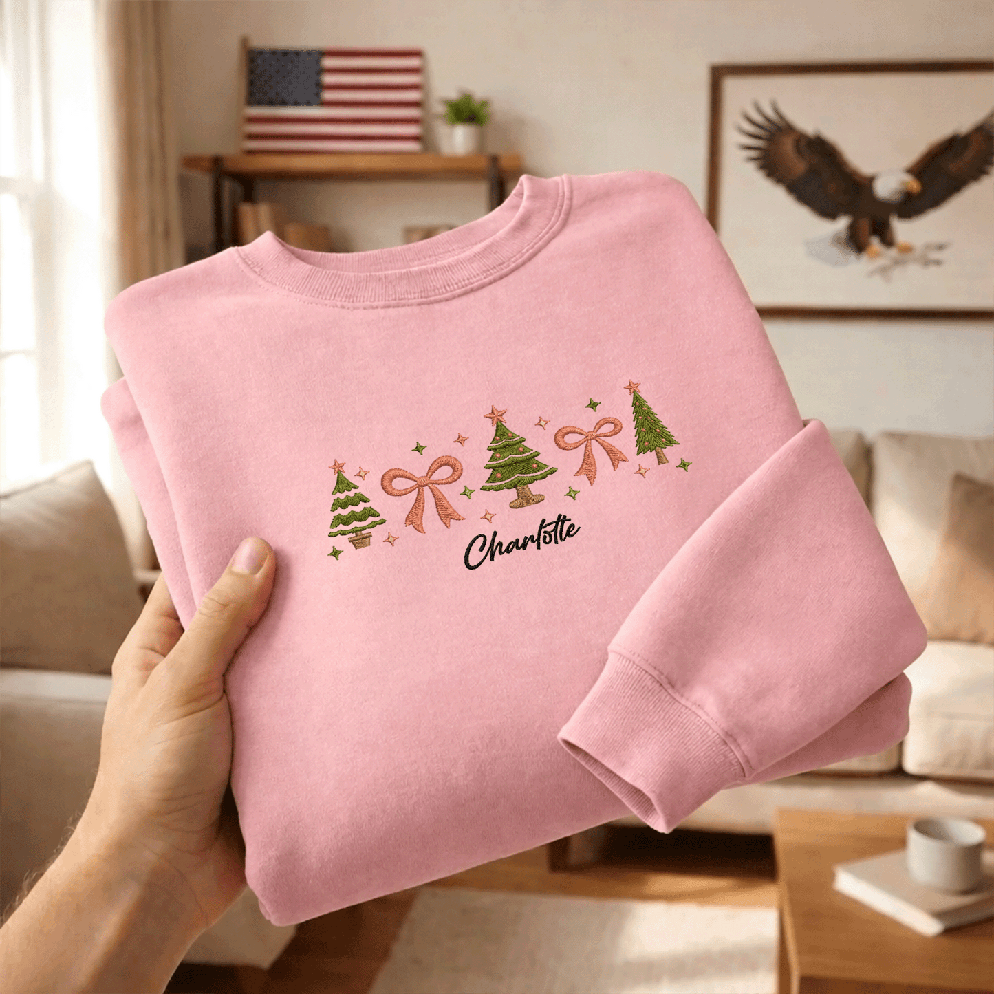 Personalized Embroidered Christmas Trees & Bows Sweatshirt with Custom Name