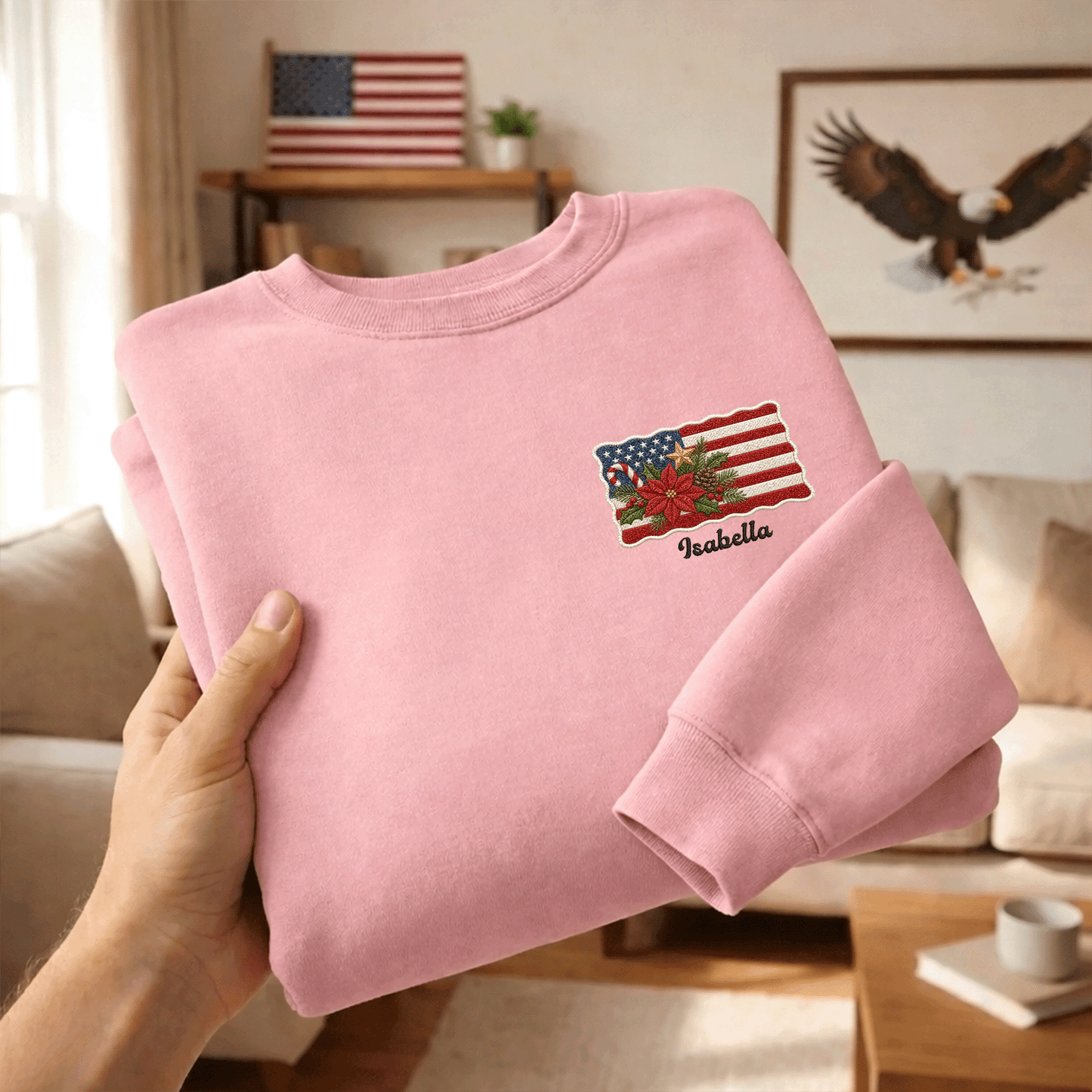 Personalized Christmas American Flag Embroidered Sweatshirt | Custom Name Holiday Crewneck Gift