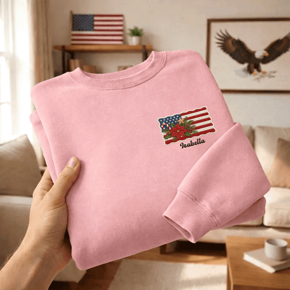 Personalized Christmas American Flag Embroidered Sweatshirt | Custom Name Holiday Crewneck Gift