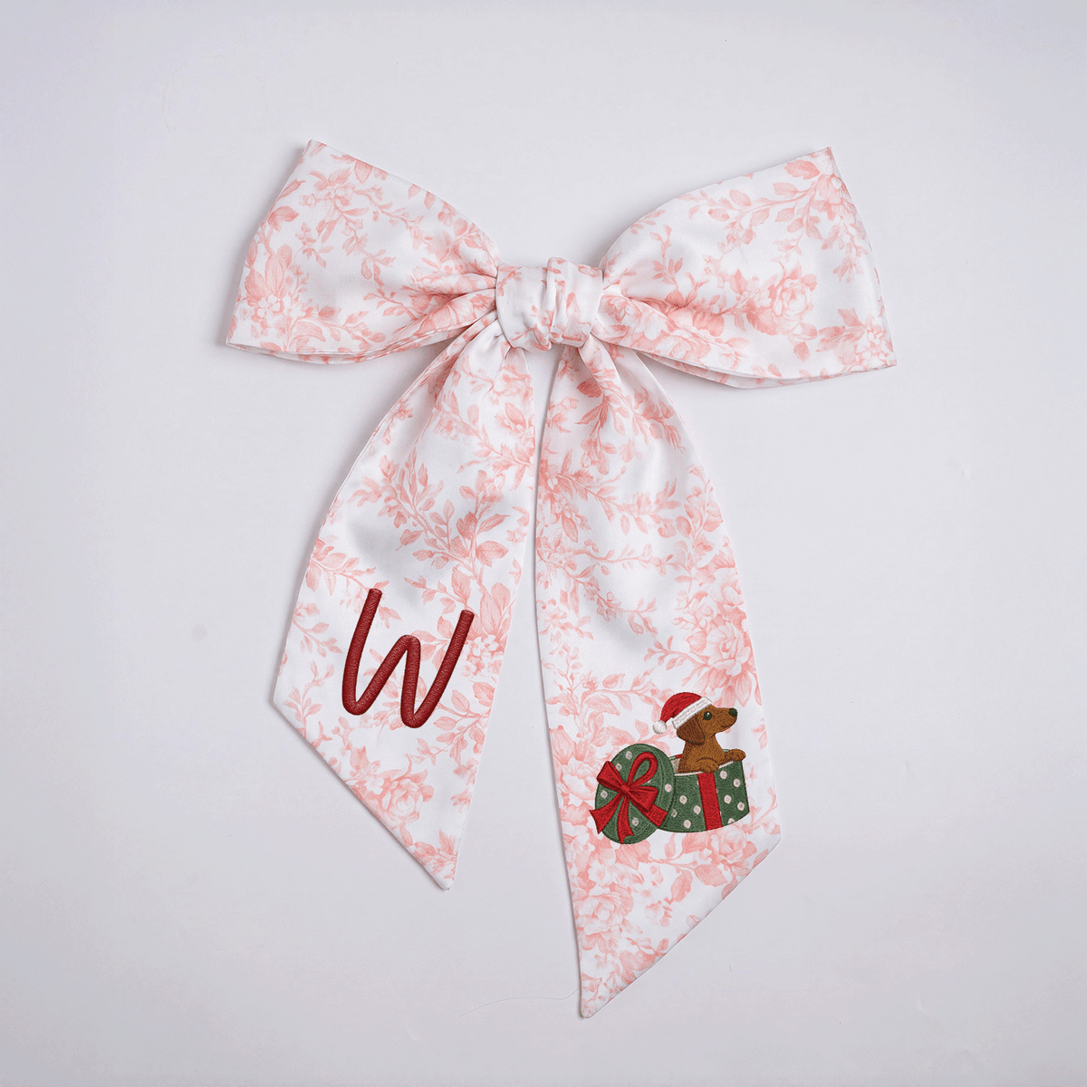 Personalized Monogram Christmas Dog in Present Box Embroidered Linen Door Wreath Sash, Custom Initial Holiday Dachshund Wreath Bow Sash Decor, Festive Front Door Home Accessories
