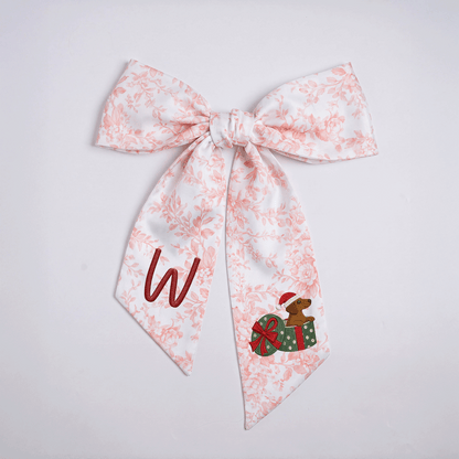 Personalized Monogram Christmas Dog in Present Box Embroidered Linen Door Wreath Sash, Custom Initial Holiday Dachshund Wreath Bow Sash Decor, Festive Front Door Home Accessories