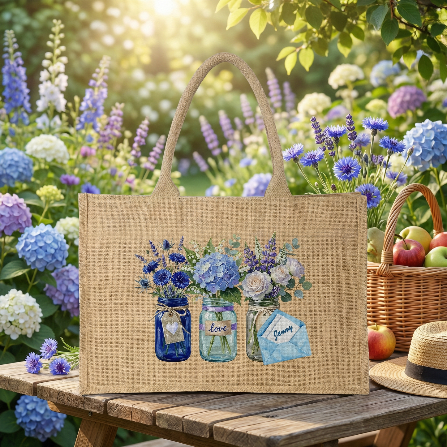 Personalized Blue Blossom Linen Handbag – Family Love Gift