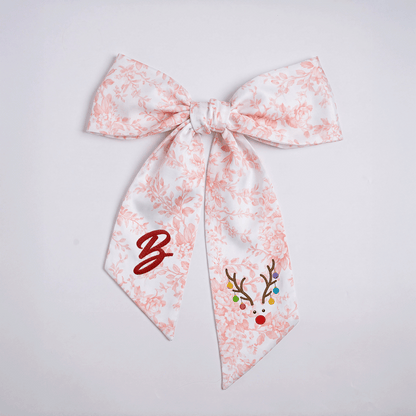 Custom Letter Reindeer Antlers Lights Embroidered Linen Wreath Sash, Personalized Monogram Holiday Bow Sash for Door Decor