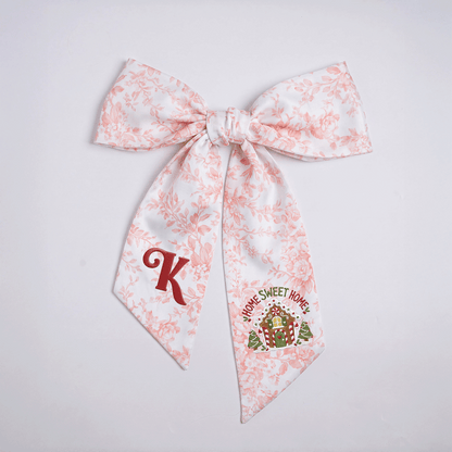 Custom Letter Gingerbread House Home Sweet Home Embroidered Linen Wreath Sash, Personalized Monogram Holiday Bow Sash for Door Decor