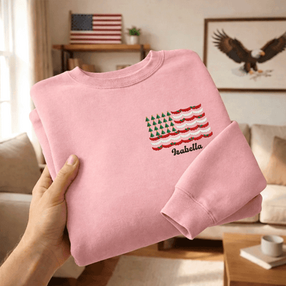 Personalized Christmas Tree American Flag Embroidered Sweatshirt | Custom Name Holiday Crewneck Gift