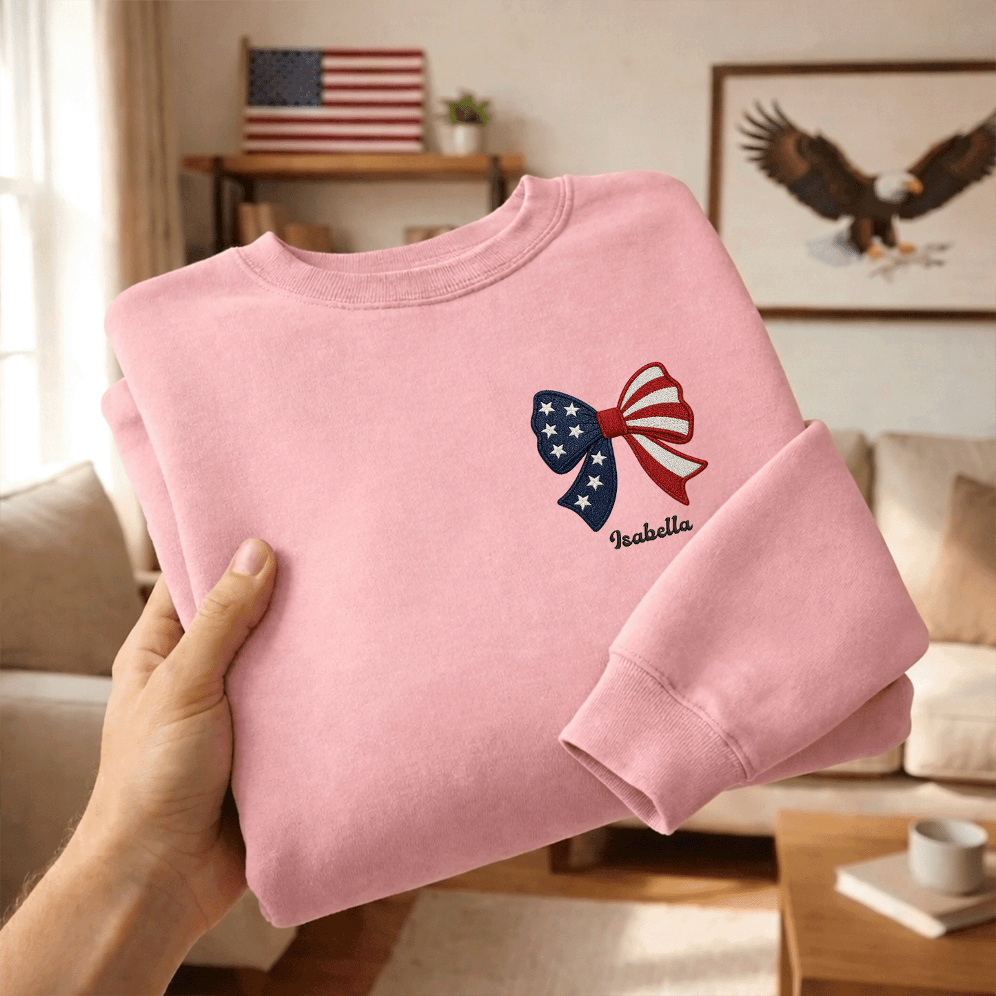 Personalized Christmas American Flag Bow Embroidered Sweatshirt, Custom Name Holiday Crewneck, Patriotic Xmas Gift for Women